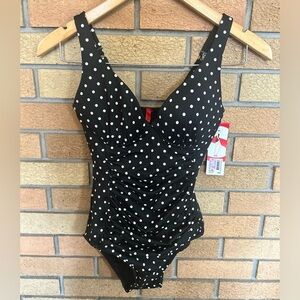 NWT SPANX Womens Black Polka Dot Adjustable Ruched One Piece Swimsuit Size 6